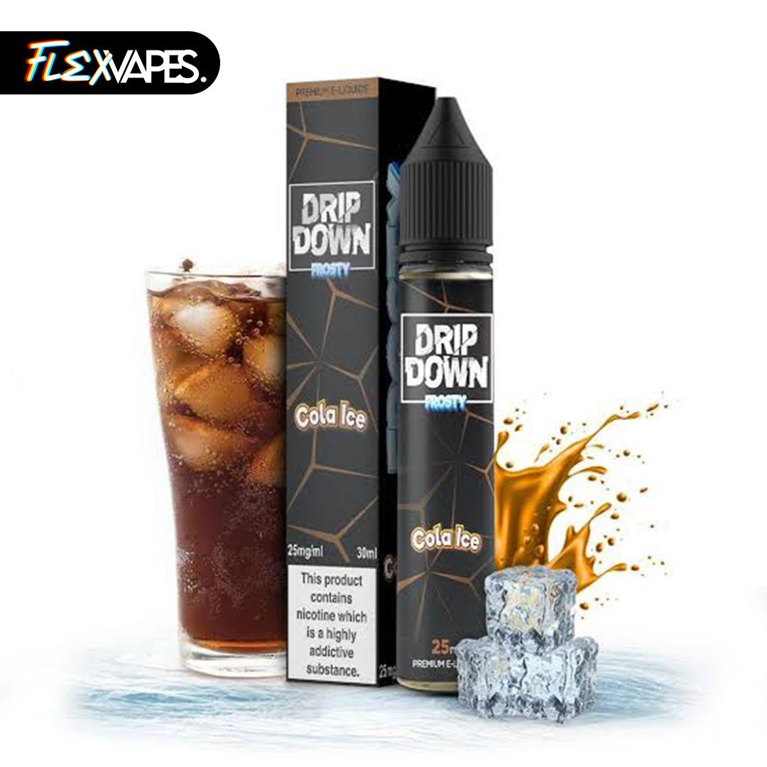 FlexVapes Drip Down Cola Ice e-liquid product ad with cola glass and ice cubes